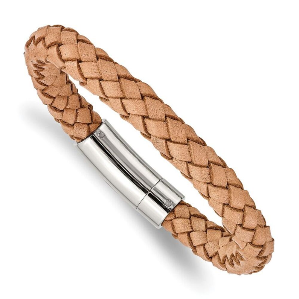 8mm Stainless Steel & Light Tan Leather Woven Bracelet, 8.5 Inch